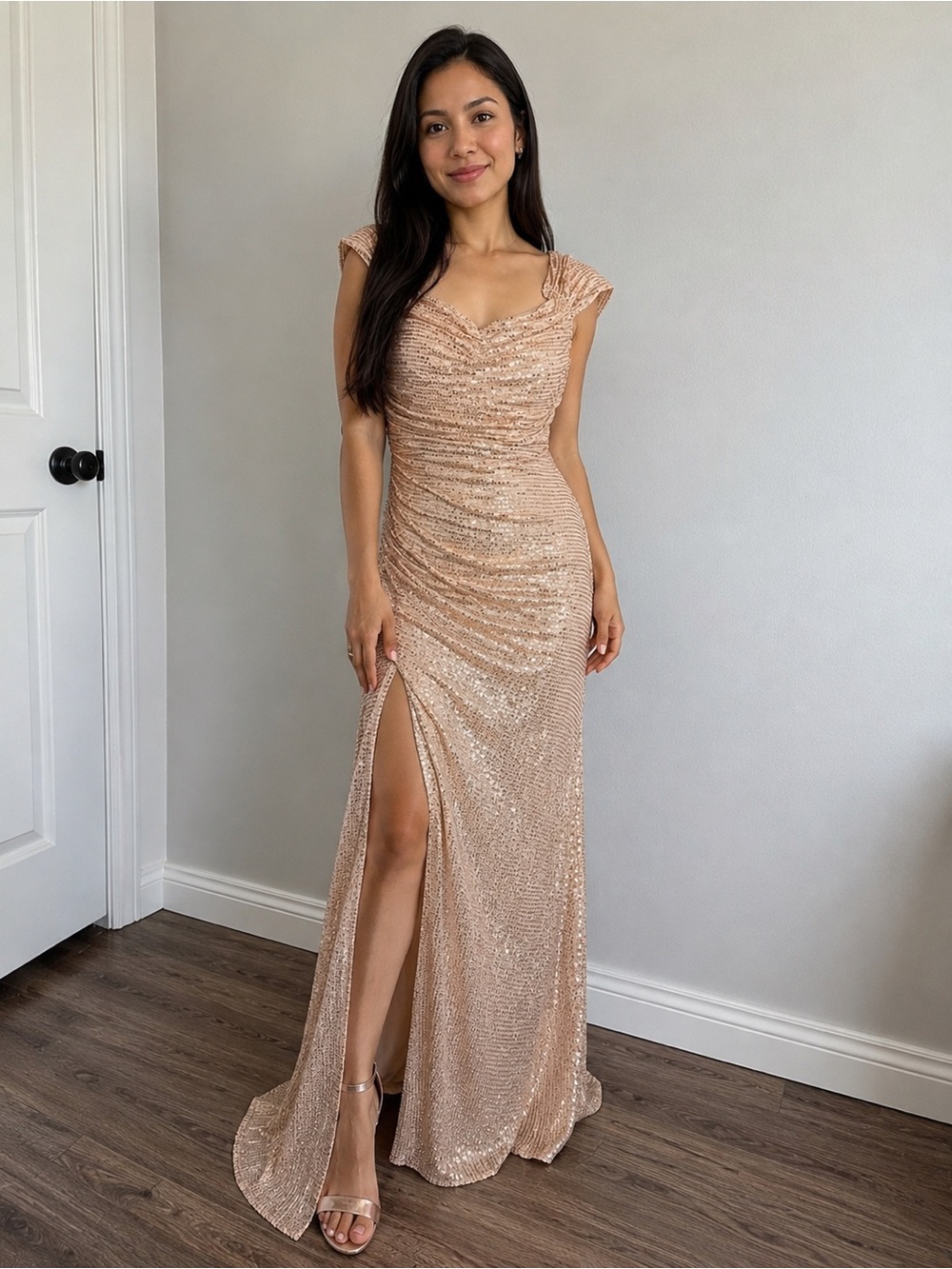 Sequin Ruched Cap-Sleeve Evening Gown in Blush